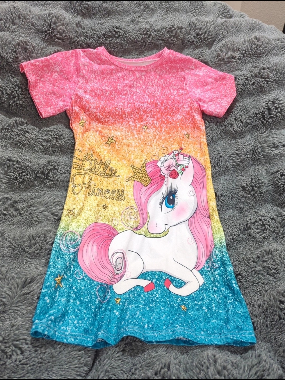 Girls Rainbow Unicorn 'Little Princess' T-Shirt Dress - Pink, Yellow, Blue